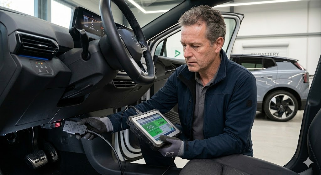 Diagnostyka baterii samochodów elektrycznych DEKRA Poznań MM-Motors - podłączenie testera OBDII