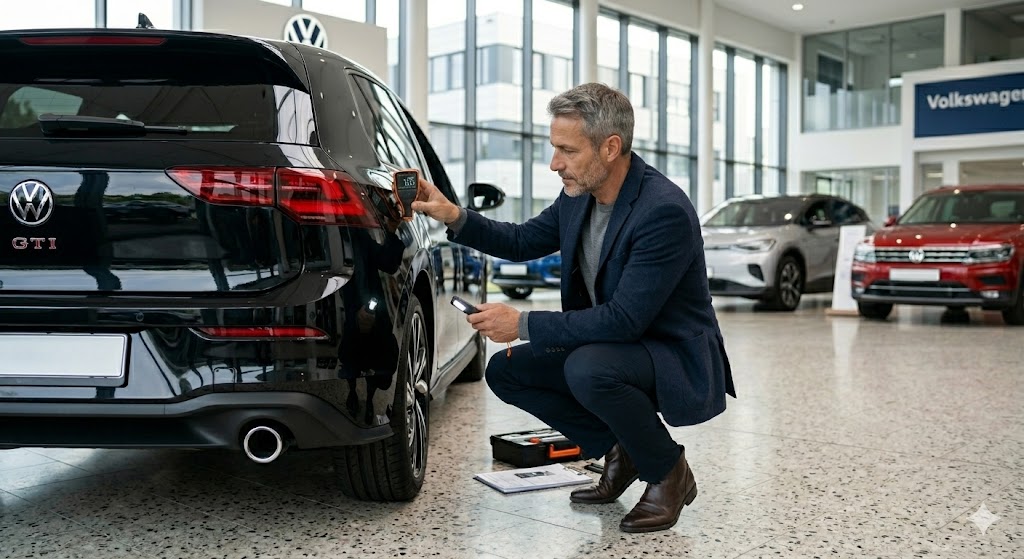 Rzeczoznawca samochodowy MM-Motors wykonuje odbiór nowego auta z salonu w Poznaniu i sprawdza lakier